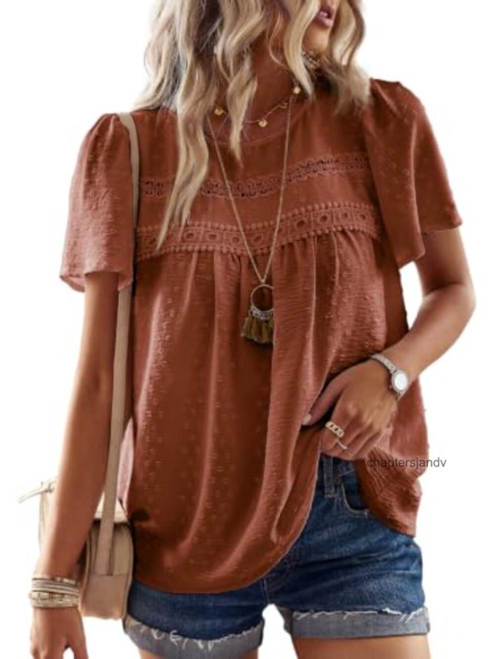 Womens Crochet Lace Boho Blouse Short Sleeve Peasant Top Flowy Casual Tunic
